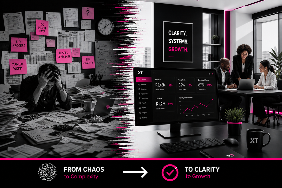 From chaos and complexity to clarity and growth, with organised dashboards and team delivery replacing scattered paperwork.